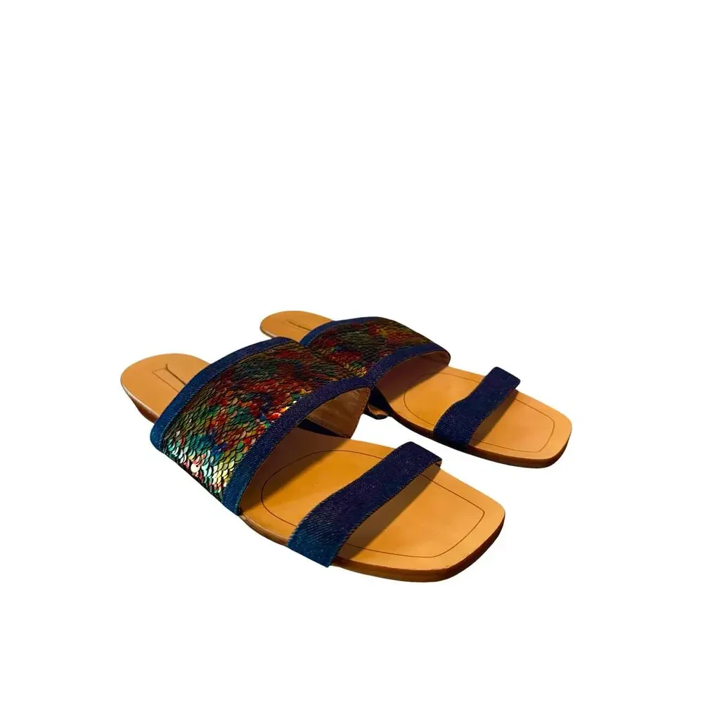 Tahari Fern Sandals Size 8 Metallic Scale Slide Flat Sandals Boho Resort